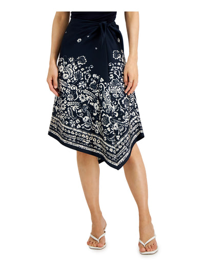 DONNA KARAN NEW YORK Womens Navy Zippered Unlined Tie Detail Asymmetrical Hem Floral Below The Knee A-Line Skirt 10