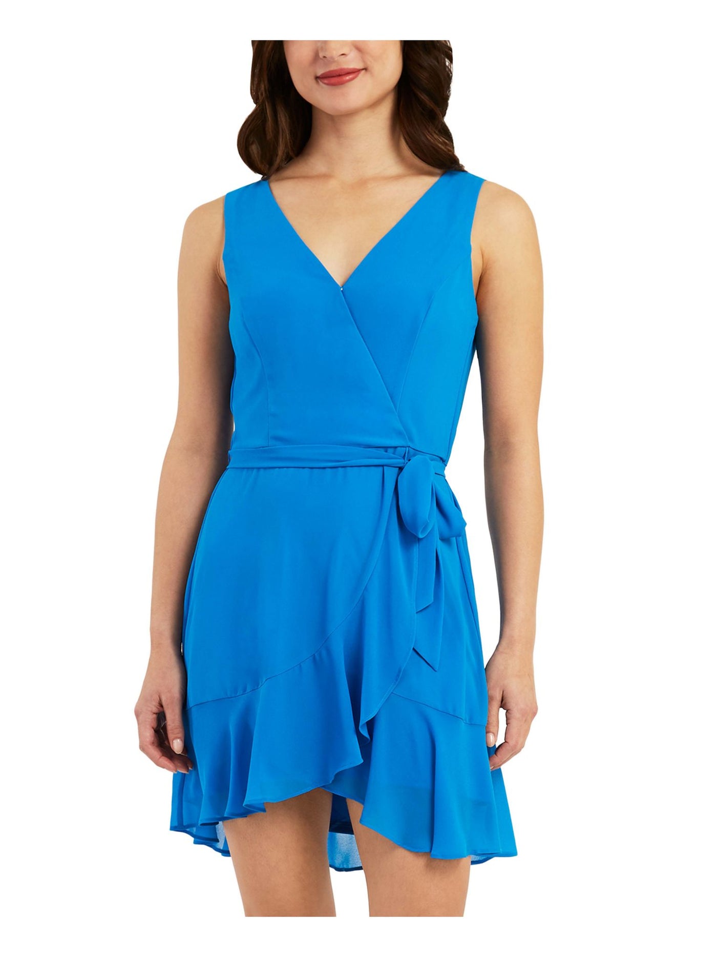 BCX Womens Blue Ruffled Sheer Line Tie Belt Pullover Sleeveless Surplice Neckline Above The Knee A-Line Dress L