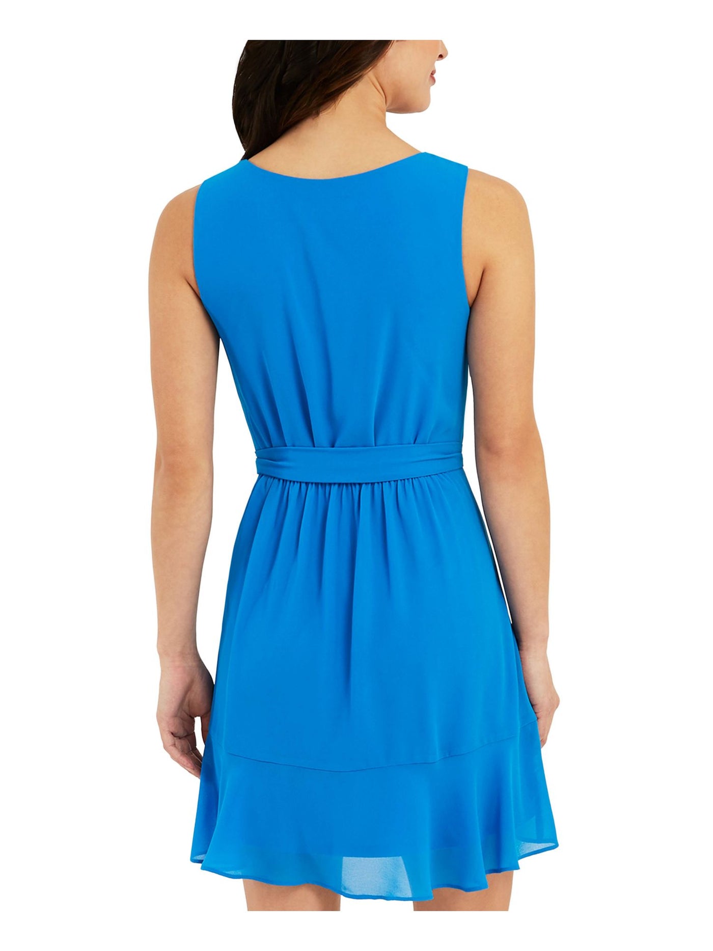 BCX DRESS Womens Blue Ruffled Sheer Line Tie Belt Pullover Sleeveless Surplice Neckline Above The Knee A-Line Dress M