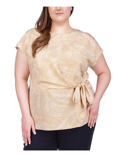 MICHAEL MICHAEL KORS Womens Beige Tie Keyhole Back Printed Short Sleeve Crew Neck Top Plus 3X