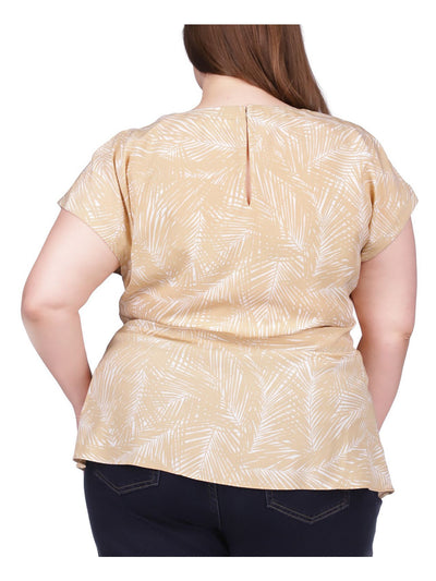 MICHAEL MICHAEL KORS Womens Beige Tie Keyhole Back Printed Short Sleeve Crew Neck Top Plus 3X