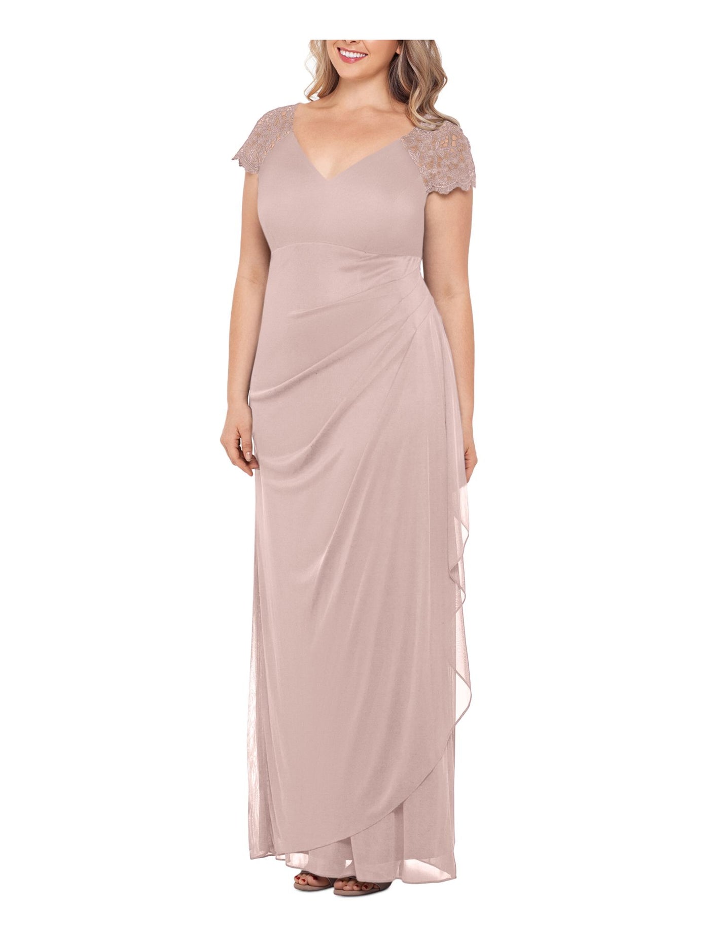 X BY XSCAPE Womens Pink Zippered Pleated Draped Skirt Cap Sleeve V Neck Full-Length Formal Gown Dress Plus 18W