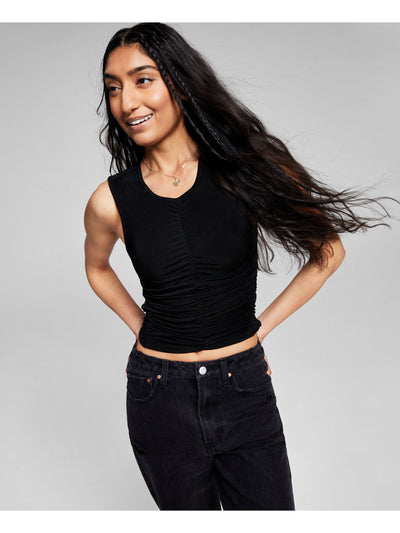 AND NOW THIS Womens Black Sheer Ruched Unlined Sleeveless Round Neck Cocktail Top XS