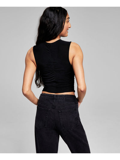 AND NOW THIS Womens Black Sheer Ruched Unlined Sleeveless Round Neck Cocktail Top XS