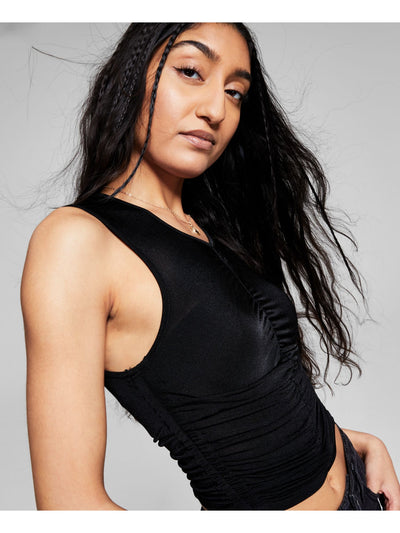 AND NOW THIS Womens Black Sheer Ruched Unlined Sleeveless Round Neck Cocktail Top XS