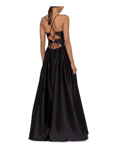 BLONDIE NITES Womens Black Zippered Pocketed Lace-up Back Spaghetti Strap V Neck Full-Length Prom Gown Dress 1