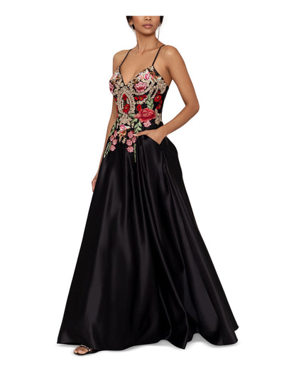 BLONDIE NITES Womens Black Zippered Pocketed Lace-up Back Spaghetti Strap V Neck Full-Length Prom Gown Dress 1