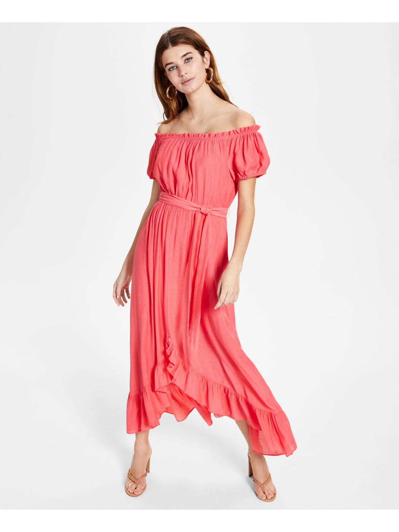 BAR III Womens Coral Ruffled Textured Tie Waist Pullover Pouf Sleeve Off Shoulder Maxi Hi-Lo Dress XS