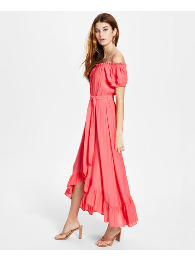 BAR III Womens Coral Ruffled Textured Tie Waist Pullover Pouf Sleeve Off Shoulder Maxi Hi-Lo Dress XS