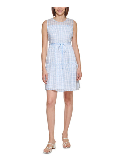 CALVIN KLEIN Womens Light Blue Lined Tie Plaid Sleeveless Crew Neck Above The Knee Shift Dress Petites 10P