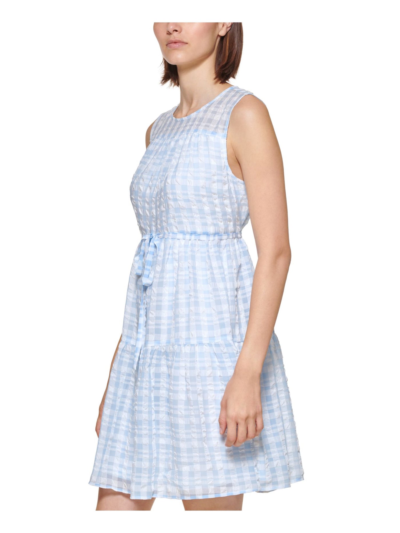 CALVIN KLEIN Womens Light Blue Lined Tie Plaid Sleeveless Crew Neck Above The Knee Shift Dress Petites 10P