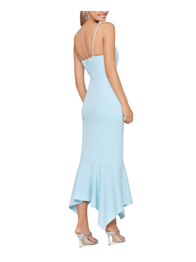 XSCAPE Womens Aqua Zippered Ruffled Lined Asymmetrical Hem Spaghetti Strap V Neck Maxi Party Sheath Dress 8