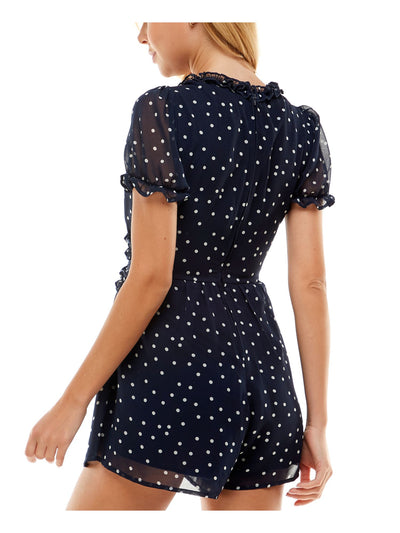 TRIXXI Womens Navy Zippered Ruffled Sheer Lined Polka Dot Pouf Sleeve V Neck Wide Leg Romper M