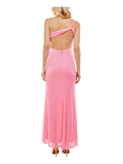 CRYSTAL DOLLS Womens Pink Sequined Slitted Sleeveless Asymmetrical Neckline Full-Length Formal Gown Dress 15