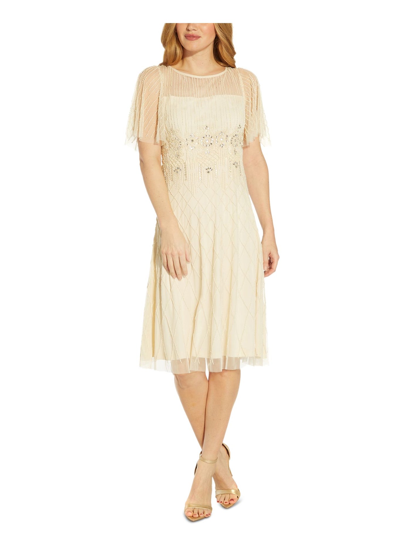 ADRIANNA PAPELL Womens Beige Embellished Zippered Lined Sheer V Back Flutter Sleeve Boat Neck Knee Length Evening Fit + Flare Dress 14