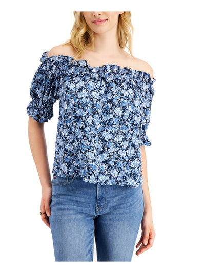 TOMMY HILFIGER Womens Blue Unlined Curved Hem Floral Elbow Sleeve Off Shoulder Top XXL