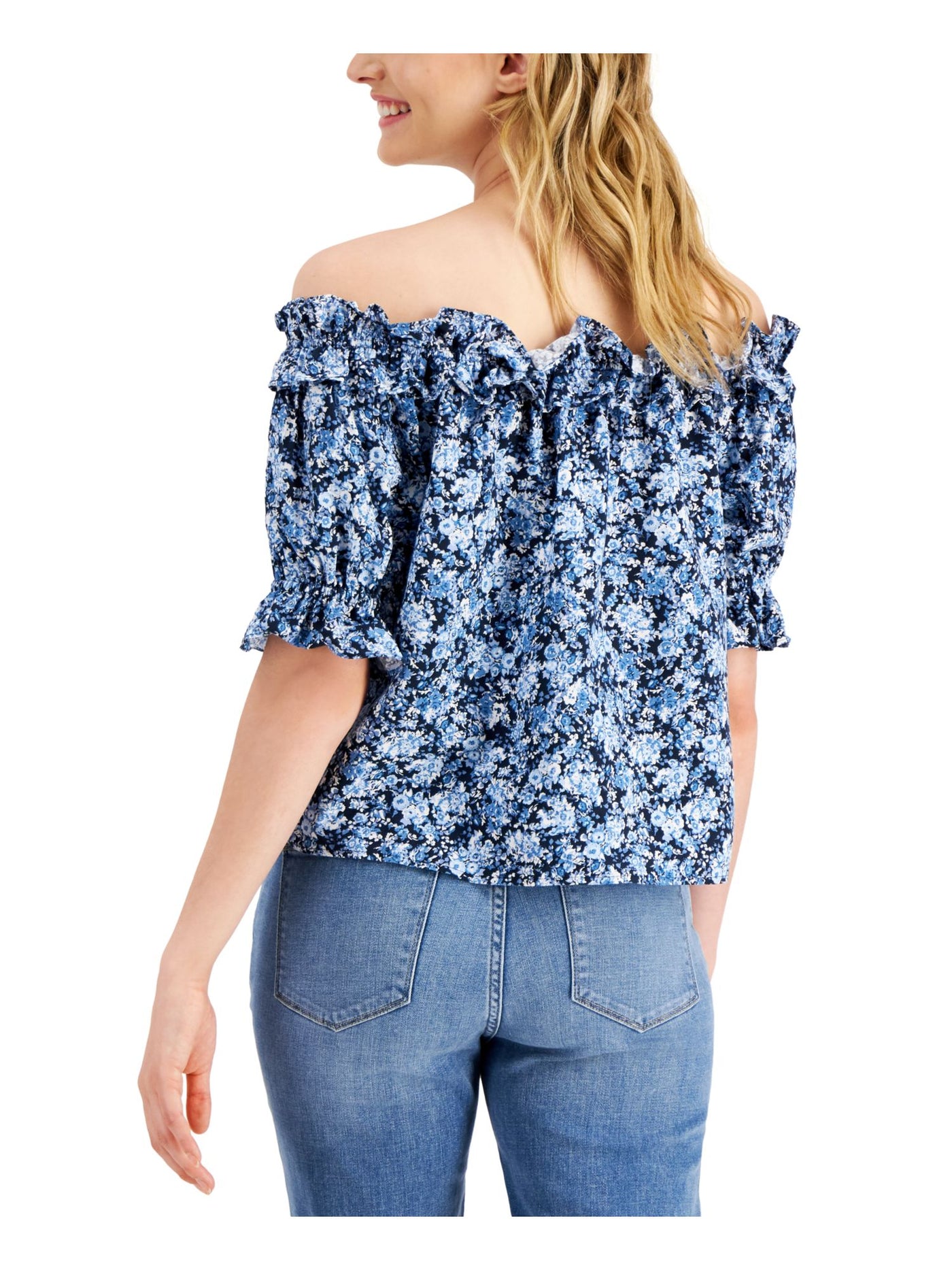 TOMMY HILFIGER Womens Blue Unlined Curved Hem Floral Elbow Sleeve Off Shoulder Top XXL