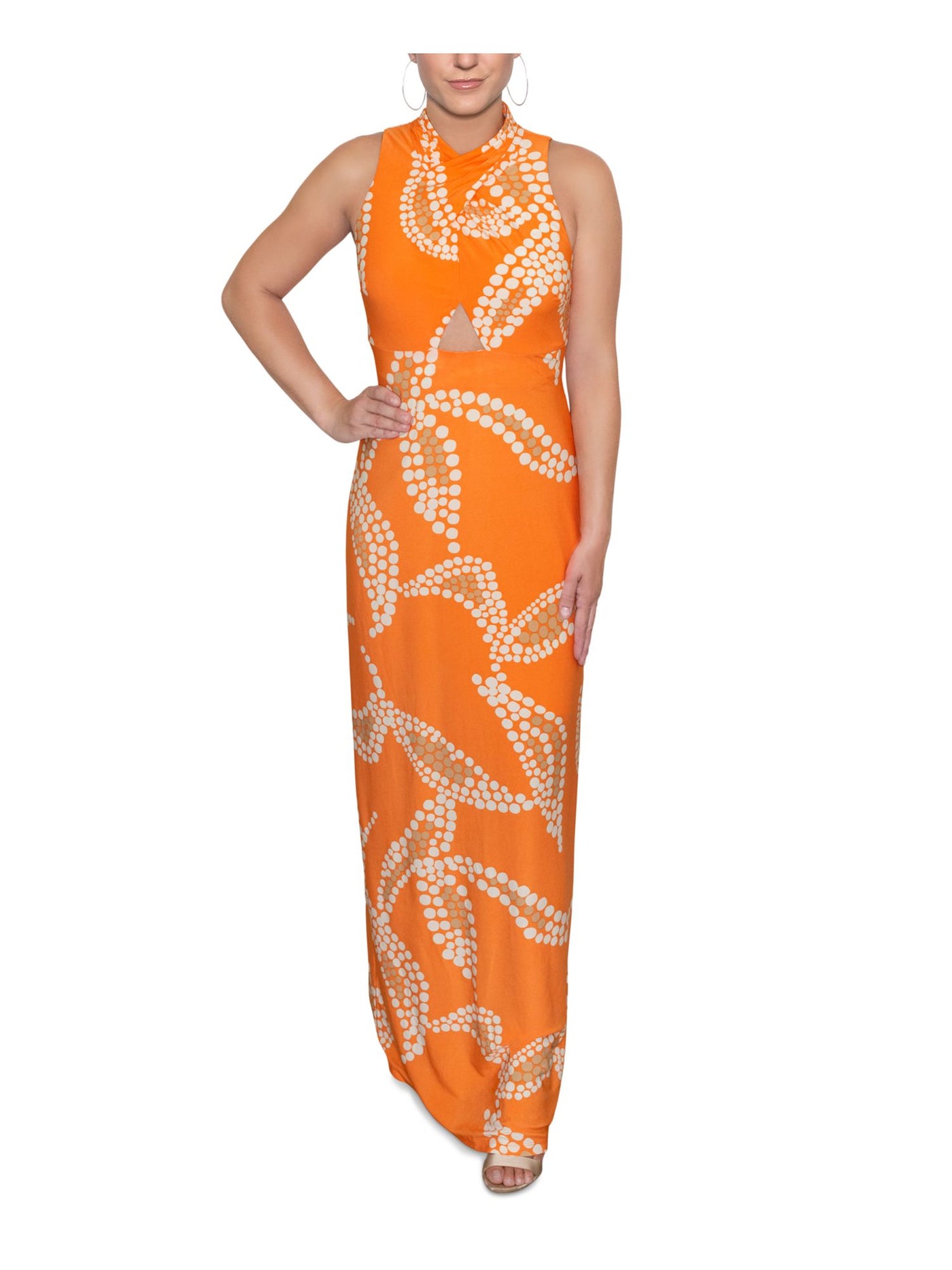 RACHEL ROY Womens Orange Zippered Cut Out Back Slit Printed Sleeveless Halter Maxi Party Sheath Dress S