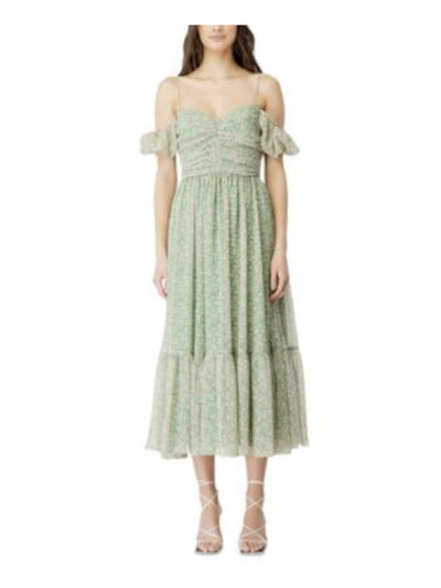 BARDOT Womens Green Zippered Cold Shoulder Ruched Bodice Lined Floral Spaghetti Strap Sweetheart Neckline Midi Party Fit + Flare Dress 12