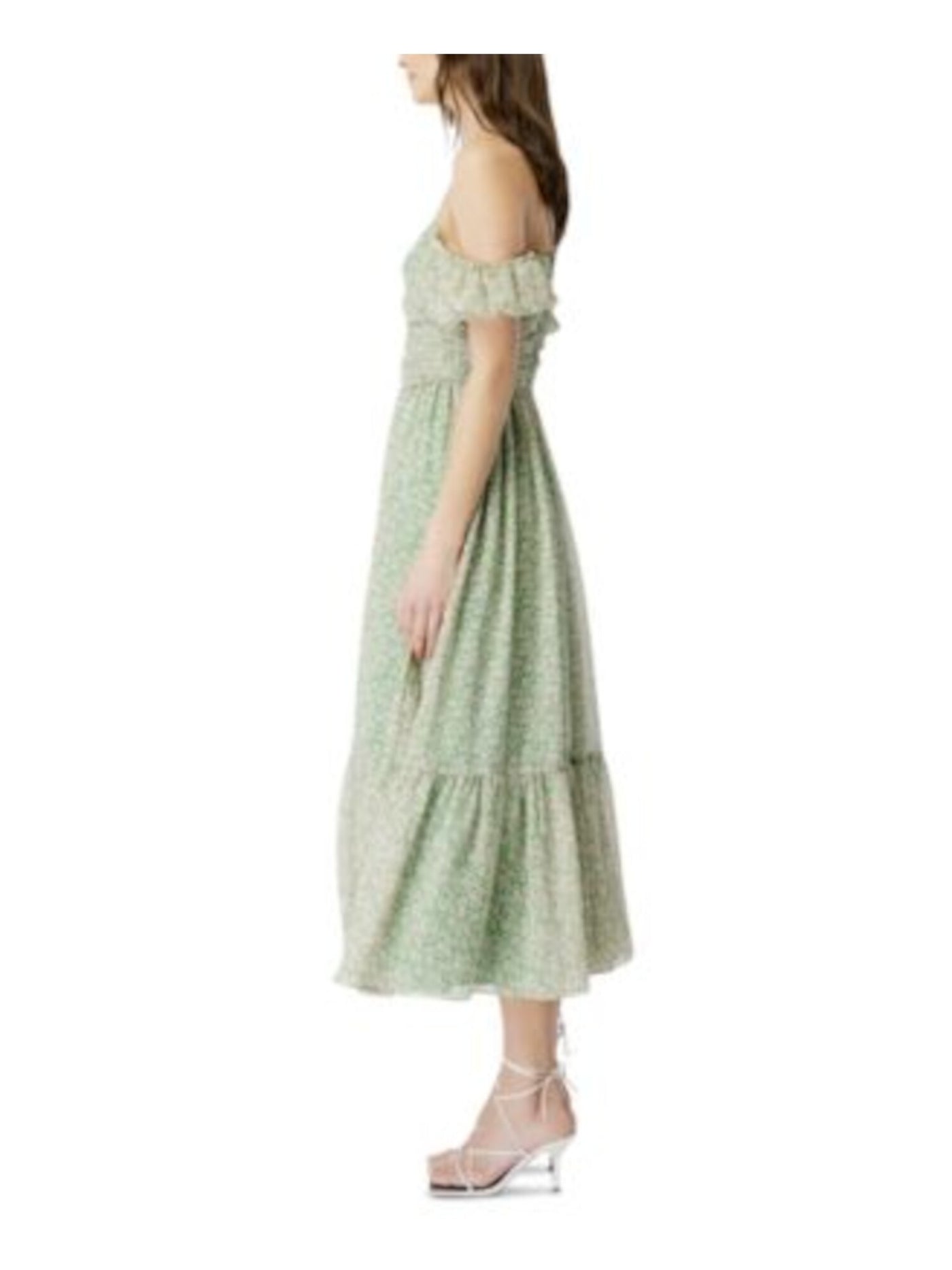 BARDOT Womens Green Zippered Cold Shoulder Ruched Bodice Lined Floral Spaghetti Strap Sweetheart Neckline Midi Party Fit + Flare Dress 12