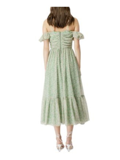 BARDOT Womens Green Zippered Cold Shoulder Ruched Bodice Lined Floral Spaghetti Strap Sweetheart Neckline Midi Party Fit + Flare Dress 12