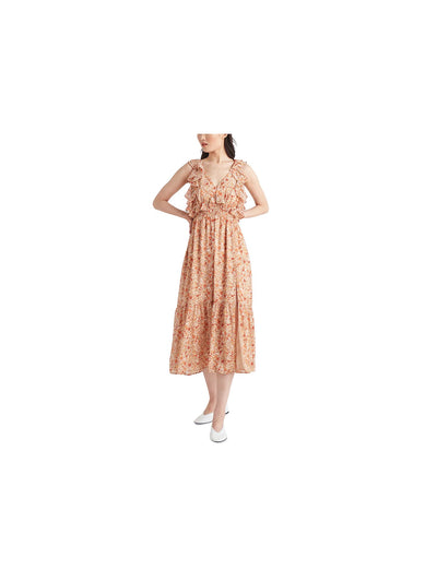 BLACK TAPE Womens Orange Smocked Slitted Tie Back Lined Ruffled Floral Sleeveless V Neck Midi Fit + Flare Dress S
