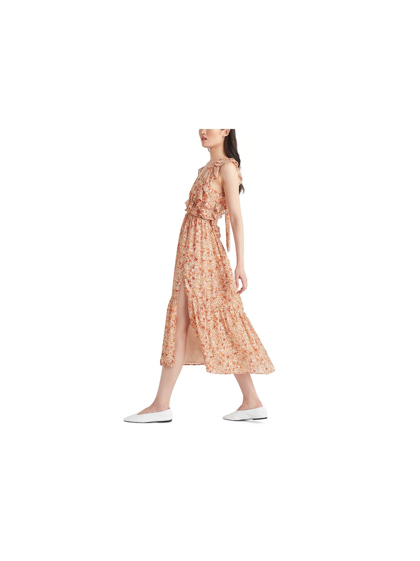 BLACK TAPE Womens Orange Smocked Slitted Tie Back Lined Ruffled Floral Sleeveless V Neck Midi Fit + Flare Dress S