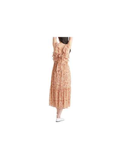 BLACK TAPE Womens Orange Smocked Slitted Tie Back Lined Ruffled Floral Sleeveless V Neck Midi Fit + Flare Dress S