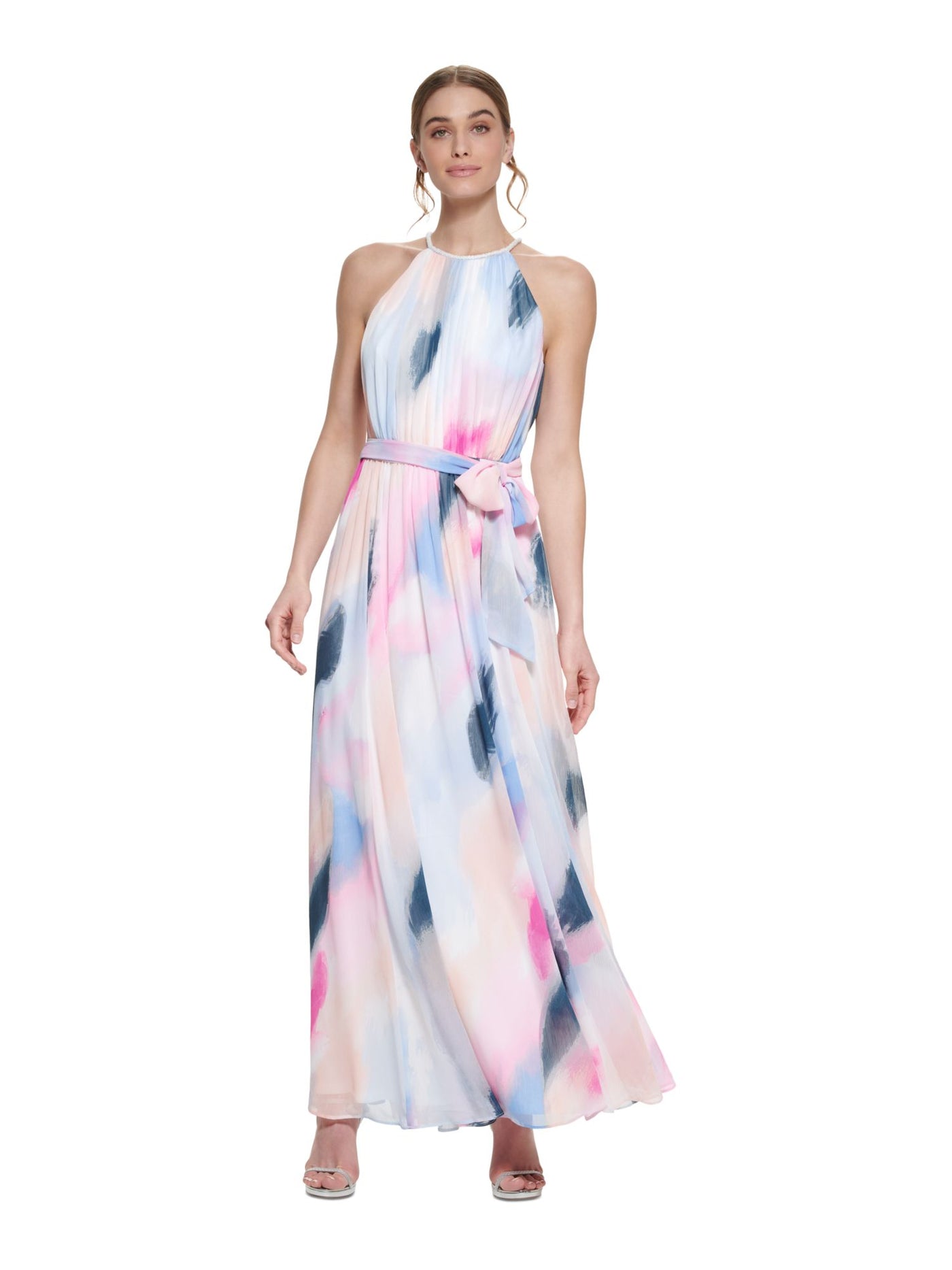 DKNY Womens White Zippered Lined Self-tie Belt Printed Sleeveless Halter Full-Length Party Gown Dress 12