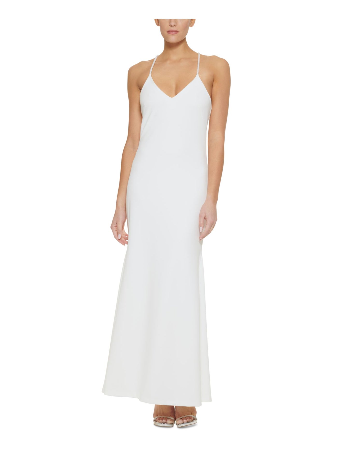 DKNY Womens Ivory Zippered Beaded Crisscross Straps Sleeveless V Neck Full-Length Evening Mermaid Dress 14