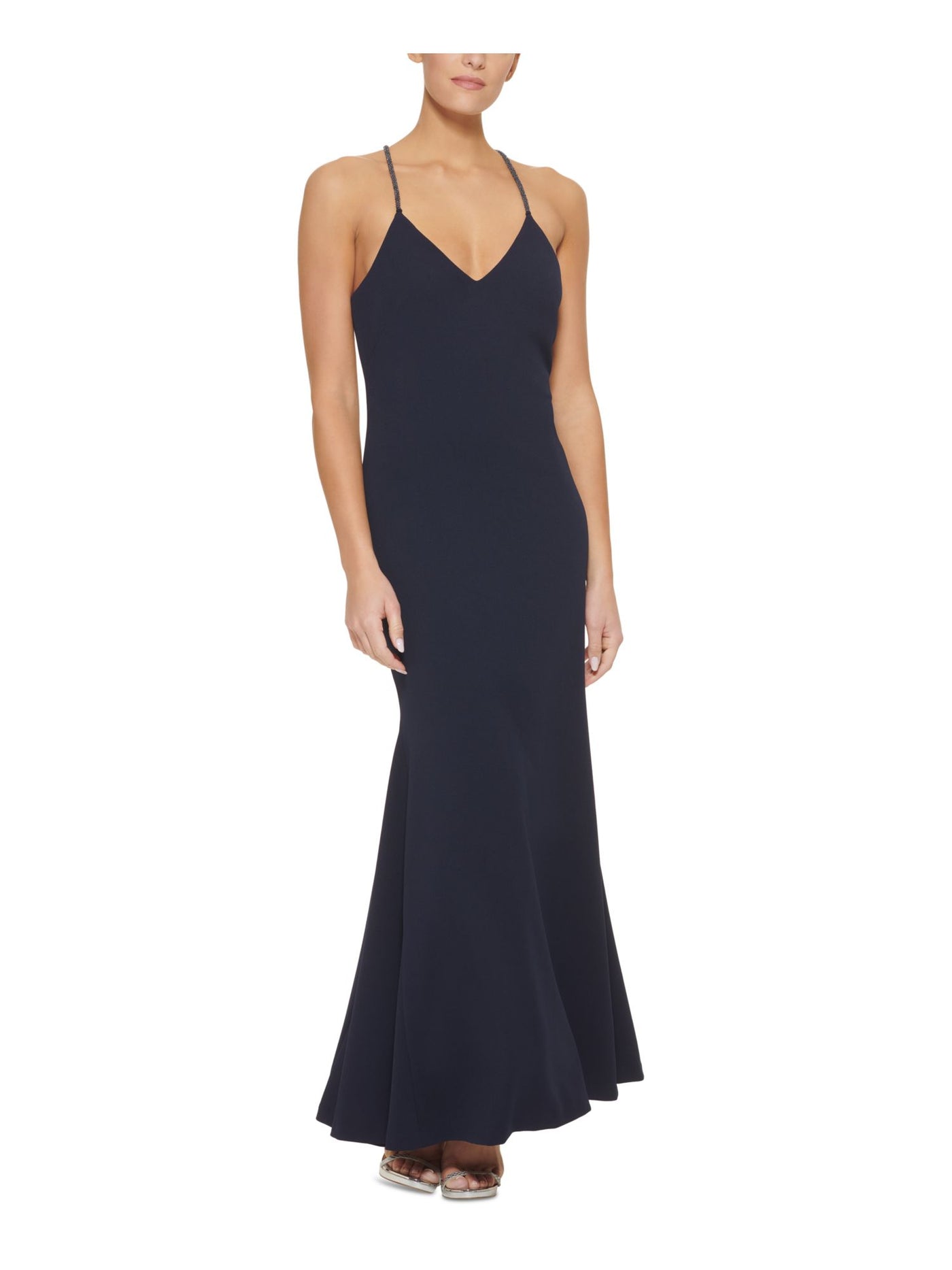 DKNY Womens Navy Zippered Beaded Crisscross Straps Sleeveless V Neck Full-Length Formal Mermaid Dress 16