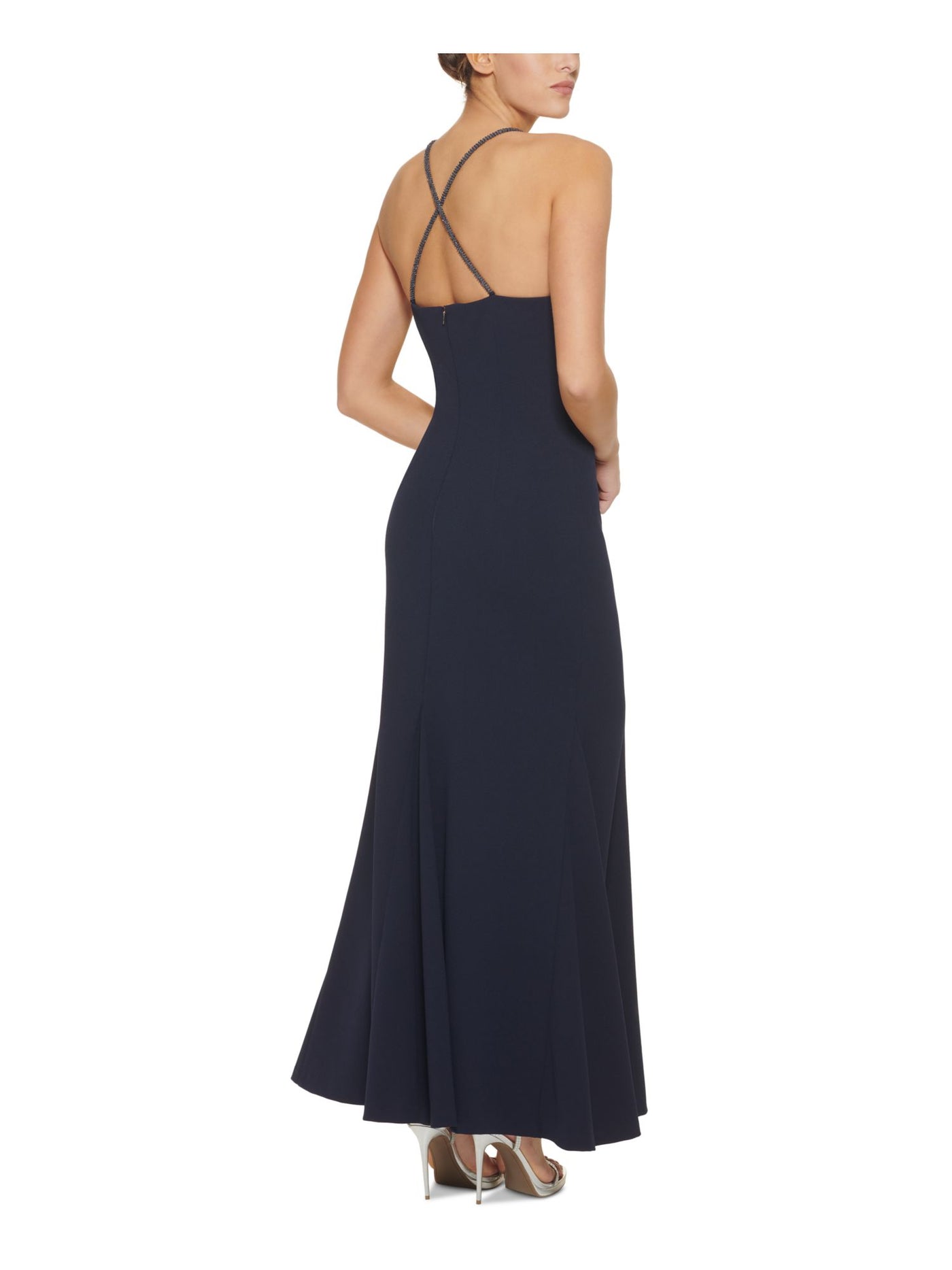 DKNY Womens Navy Zippered Beaded Crisscross Straps Sleeveless V Neck Full-Length Formal Mermaid Dress 16