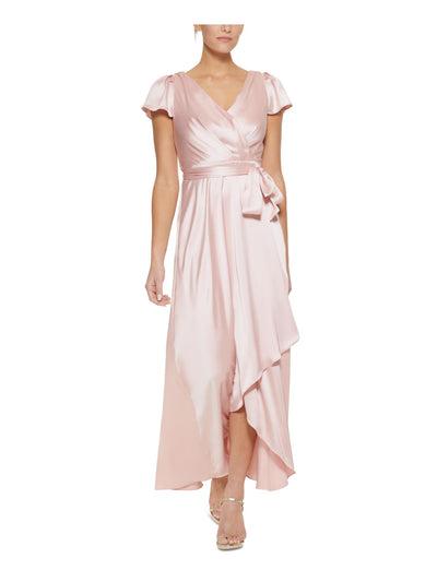 DKNY Womens Pink Zippered Pleated Lined Tie Belt Hi Lo Hem Cap Sleeve V Neck Maxi Formal Faux Wrap Dress 2