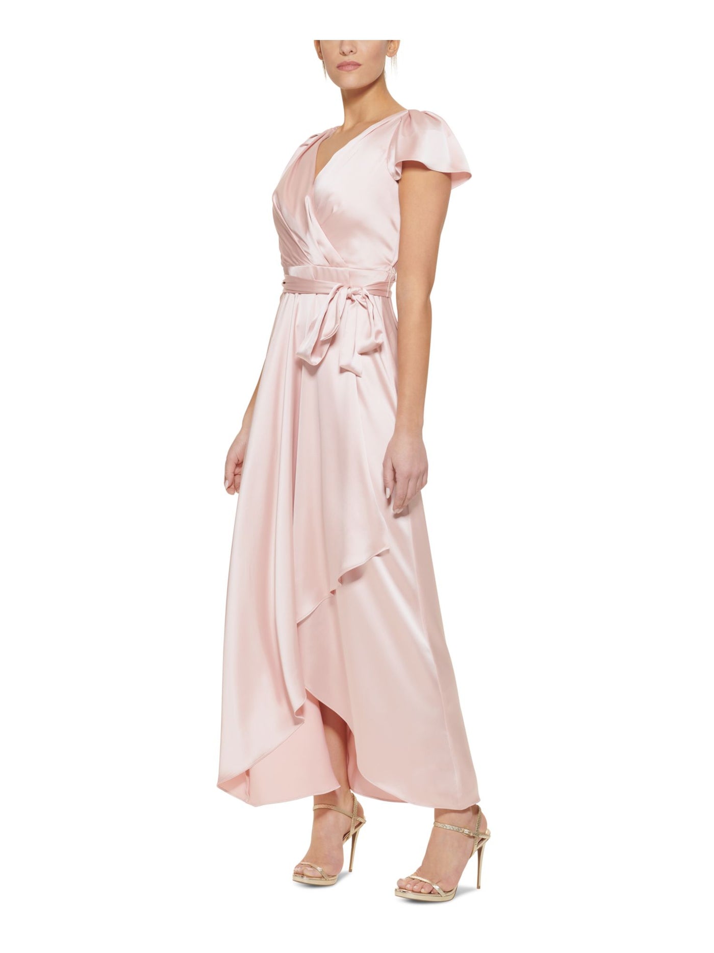 DKNY Womens Pink Zippered Pleated Lined Tie Belt Hi Lo Hem Cap Sleeve V Neck Maxi Formal Faux Wrap Dress 2