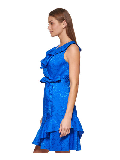 DKNY Womens Blue Zippered Ruffled Self Tie Belt Sleeveless V Neck Above The Knee Party Faux Wrap Dress 8