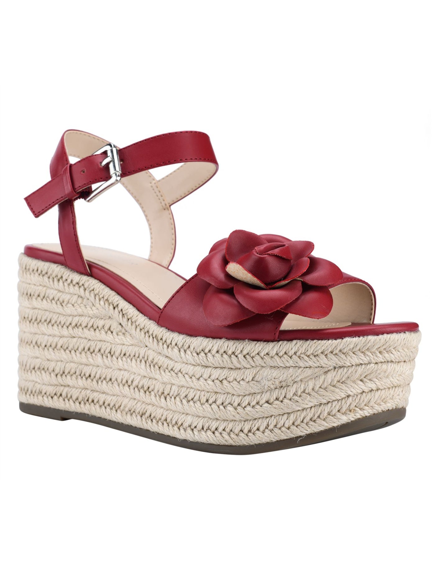 MARC FISHER Womens Red Padded Woven Flower Adjustable Strap Ankle Strap Venom Almond Toe Wedge Buckle Heeled Sandal 8.5 M