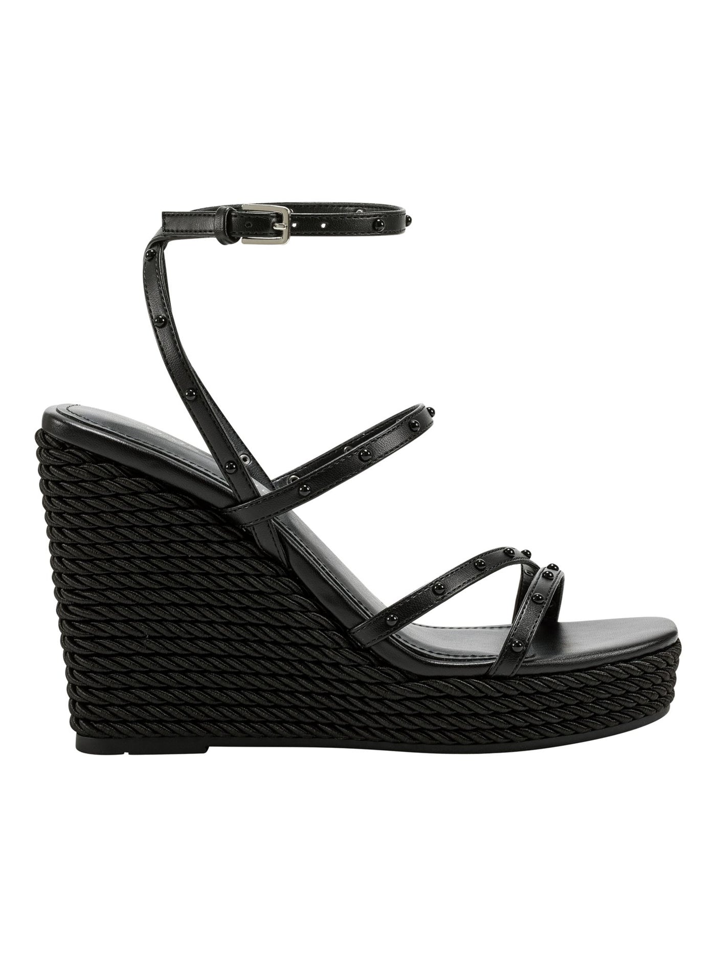 MARC FISHER Womens Black Strappy Studded Zig Square Toe Wedge Buckle Heeled Sandal 10 M