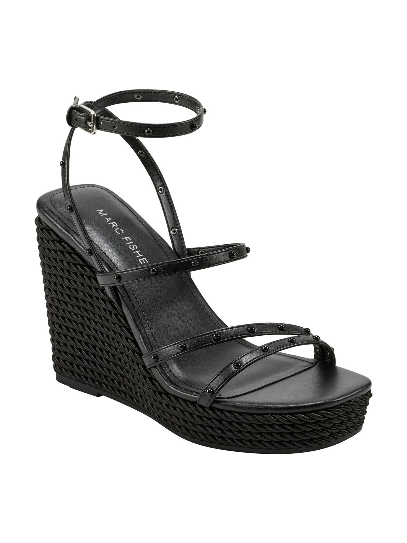 MARC FISHER Womens Black Strappy Studded Zig Square Toe Wedge Buckle Heeled Sandal 10 M