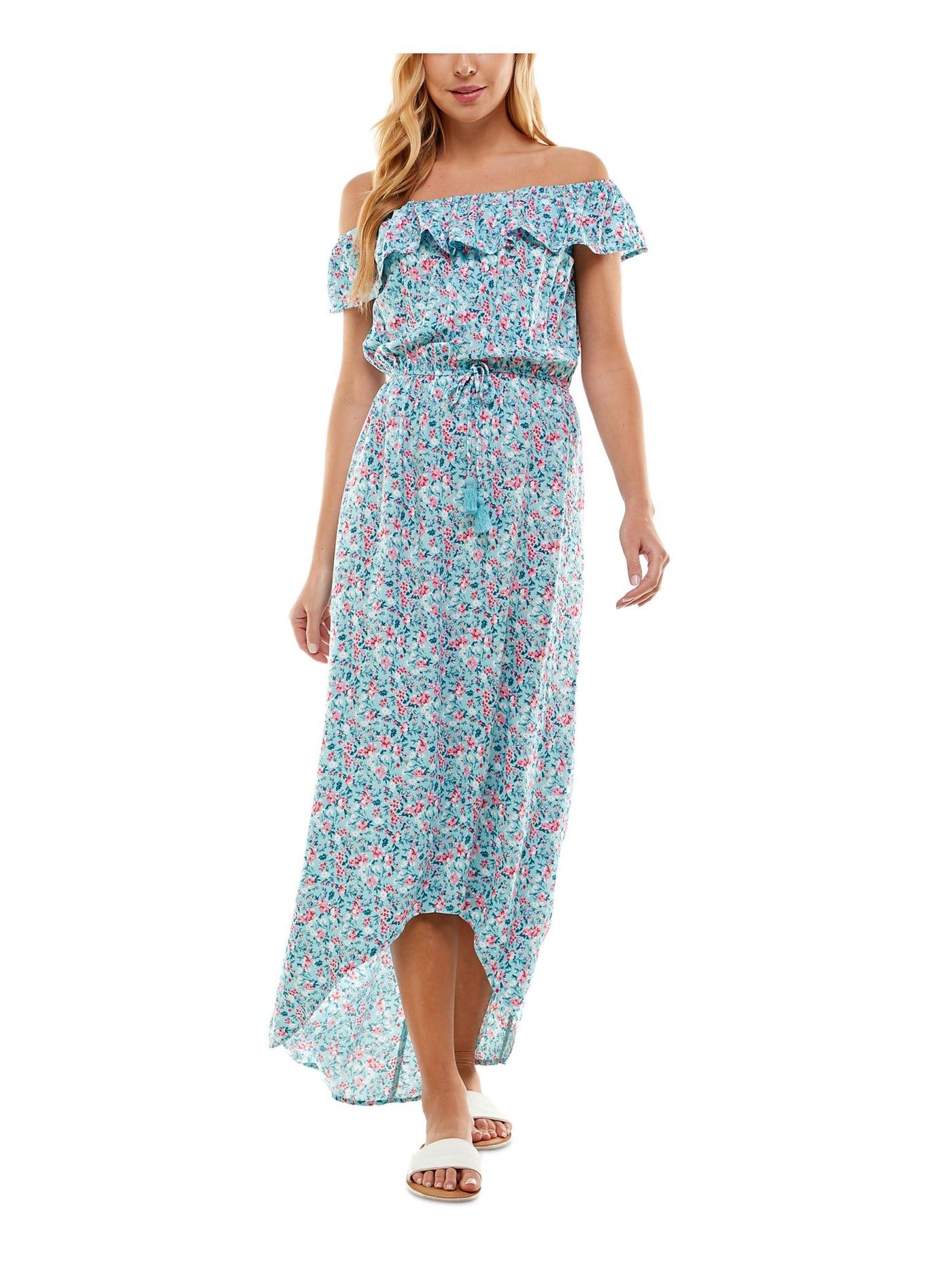 KINGSTON GREY Womens Light Blue Ruffled Pullover Tie Belt Unlined Floral Flutter Sleeve Off Shoulder Maxi Hi-Lo Dress XXS