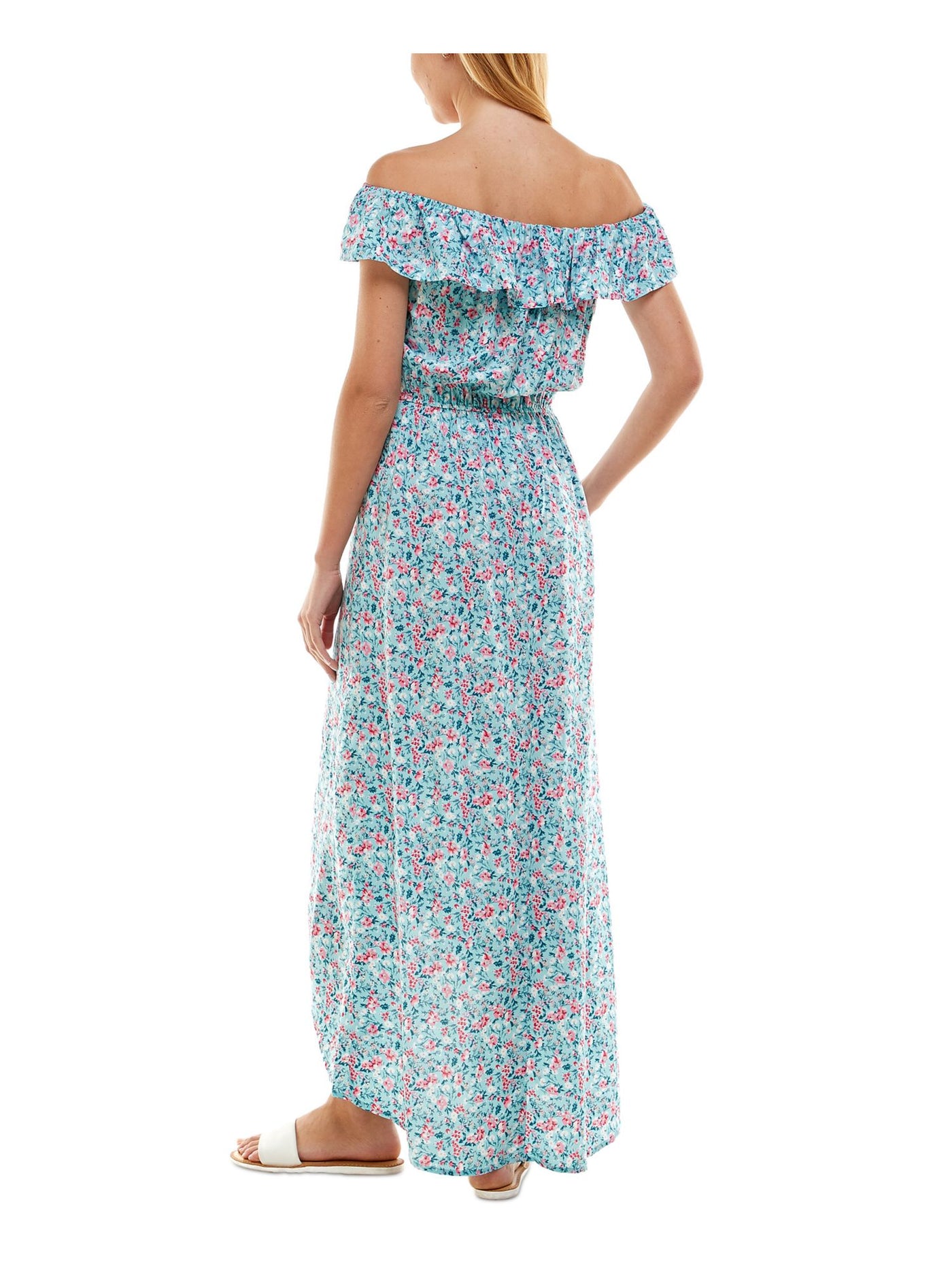 KINGSTON GREY Womens Light Blue Ruffled Pullover Tie Belt Unlined Floral Flutter Sleeve Off Shoulder Maxi Hi-Lo Dress XXS