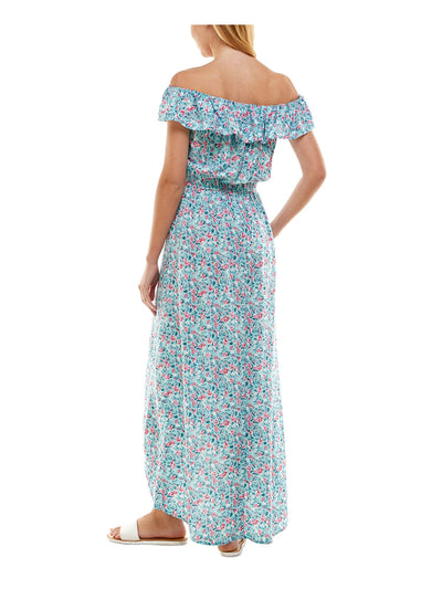 KINGSTON GREY Womens Light Blue Ruffled Pullover Tie Belt Unlined Floral Flutter Sleeve Off Shoulder Maxi Hi-Lo Dress XXS