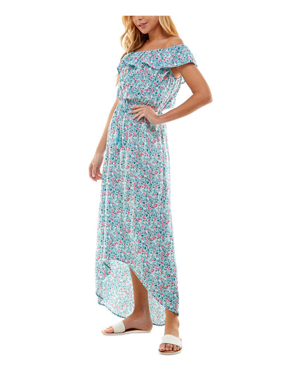 KINGSTON GREY Womens Light Blue Ruffled Pullover Tie Belt Unlined Floral Flutter Sleeve Off Shoulder Maxi Hi-Lo Dress XXS