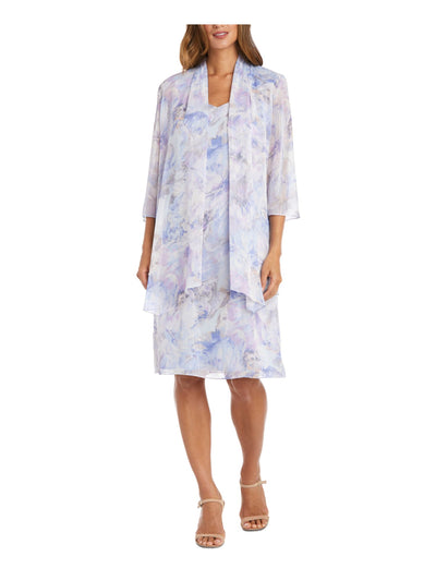 R&M RICHARDS Womens Light Blue Zippered Lined Open Front 3/4 Sleeve Sheer Floral Sleeveless Sweetheart Neckline Knee Length Evening Shift Dress 4