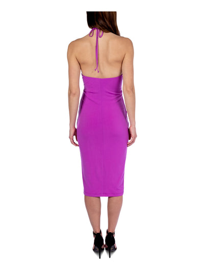 B DARLIN Womens Purple Cut Out Tie Lined Open Back Sleeveless Halter Midi Party Sheath Dress 5\6