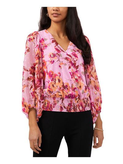 MSK PETITES Womens Pink Smocked Sheer Lined Snap Closure Floral Balloon Sleeve Surplice Neckline Top Petites PL