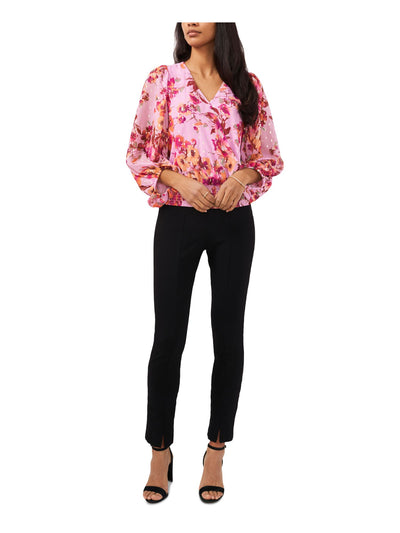 MSK PETITES Womens Pink Smocked Sheer Lined Snap Closure Floral Balloon Sleeve Surplice Neckline Top Petites PL