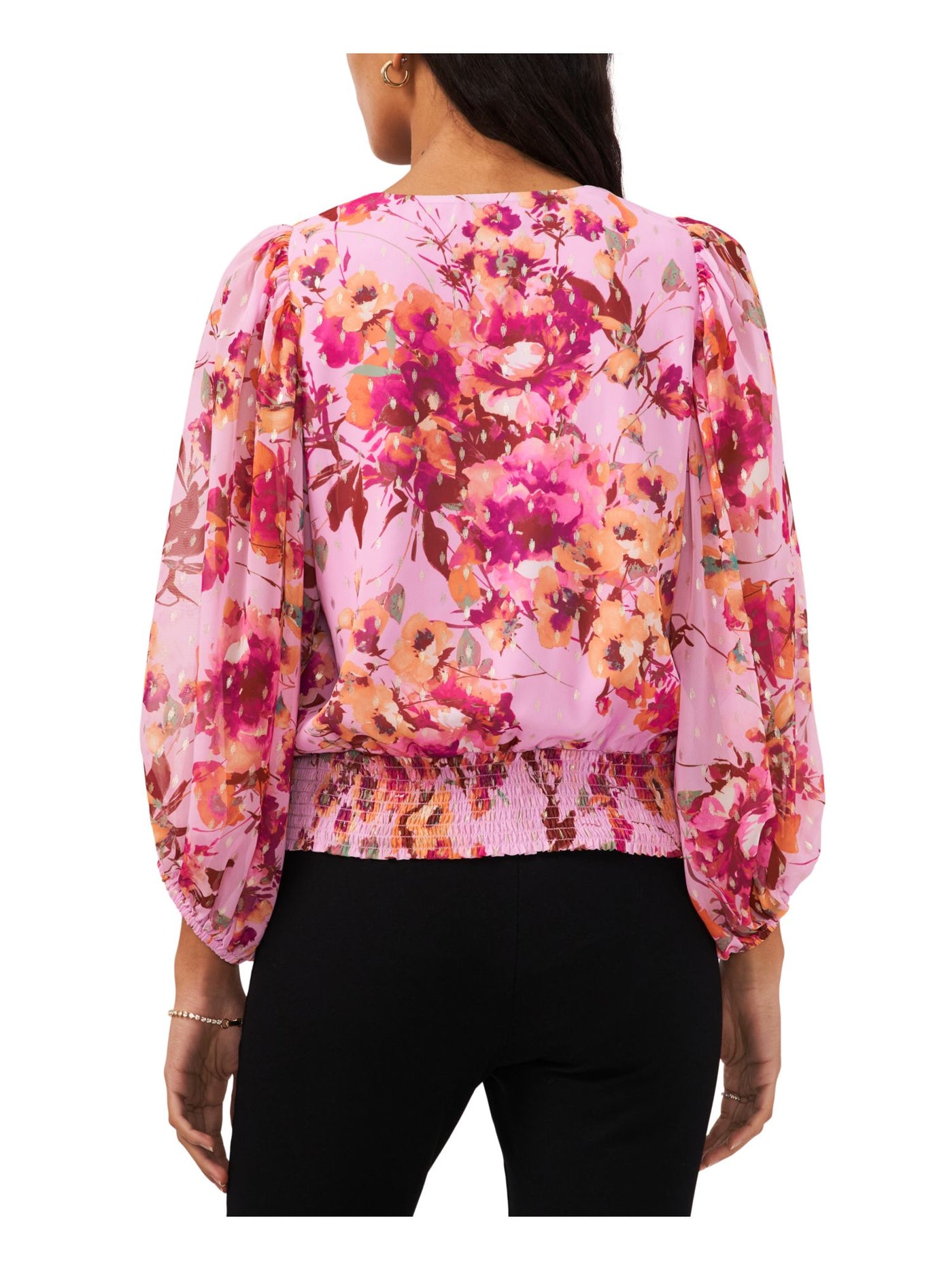 MSK PETITES Womens Pink Smocked Sheer Lined Snap Closure Floral Balloon Sleeve Surplice Neckline Top Petites PL