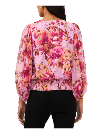 MSK PETITES Womens Pink Smocked Sheer Lined Snap Closure Floral Balloon Sleeve Surplice Neckline Top Petites PL