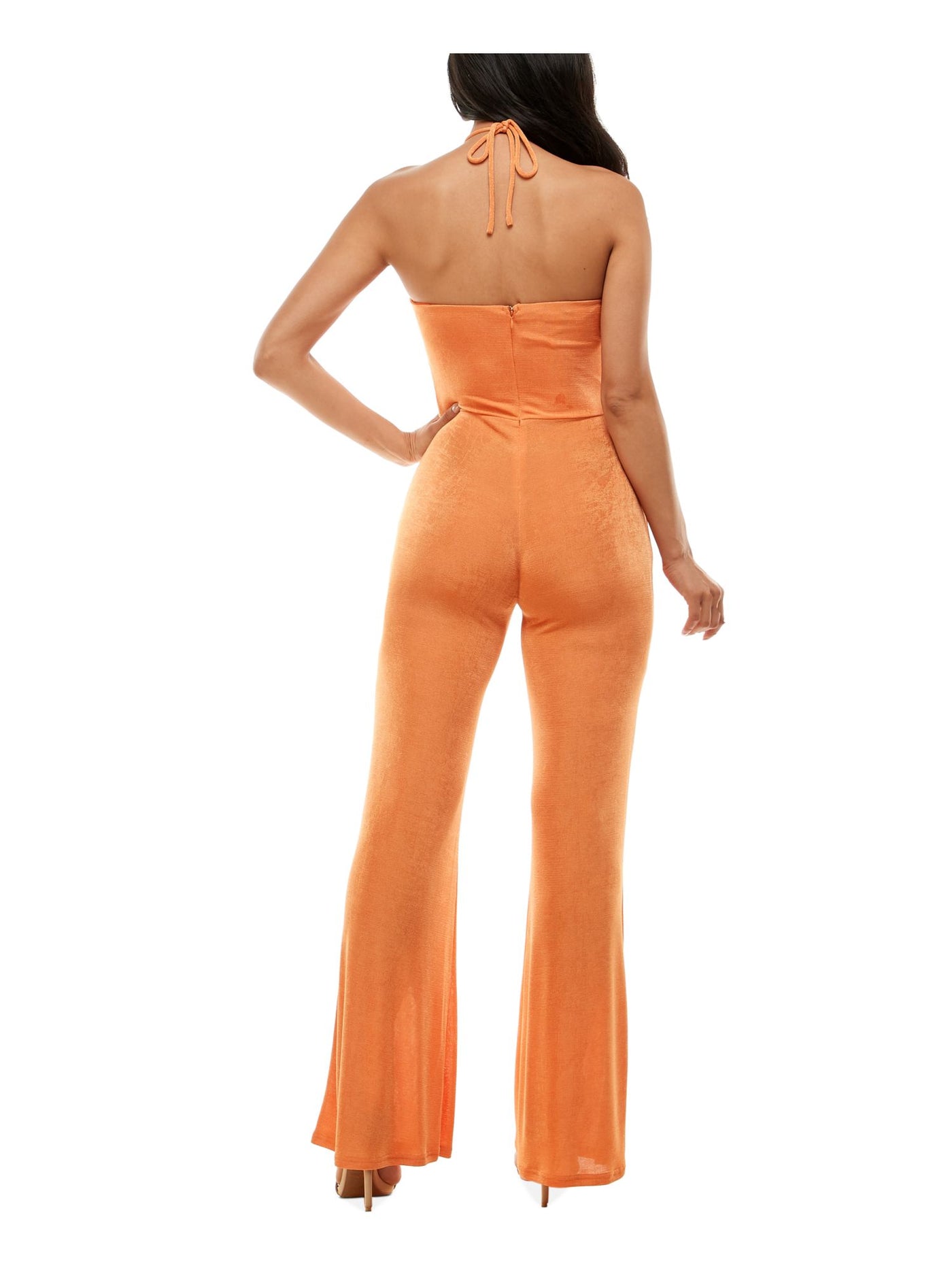 BEBE Womens Orange Cut Out Zippered Pleated Tie Spaghetti Strap Halter Cocktail Flare Jumpsuit M