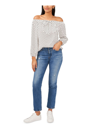 RILEY&RAE Womens White Polka Dot Long Sleeve Off Shoulder Top S